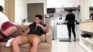 The girl was bored at home, so she played with her stepdad on the couch