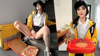 The guy released cum on the pizza delivery girl, who was shocked