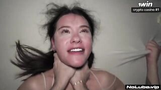 The girl has a powerful jet of water with her tight pussy, soaking her man