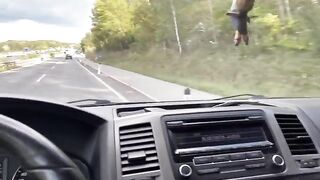 The girl is fucking with her boyfriend in the car with an Uber driver