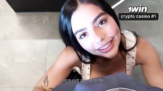 The girl seduces her stepbrother, rubbing his dick with her lips