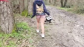 A cute petite girl is fucking in the woods, right on the forest floor