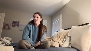 The girl is very excited and decides to have fun with the pillow