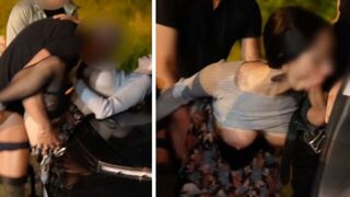 A woman has sex with three guys in the car and gets cum on her face