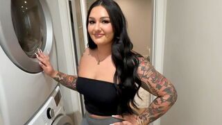 A busty woman does laundry and gets ready for sex