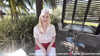 A huge breast of the blonde girl Gigi Sweets shakes in the face of the guy