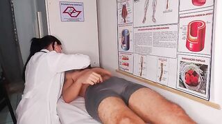 The doctor conducts an oral examination with intense thoroughness