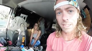 A girl is having sneaky fun with a guy in public place