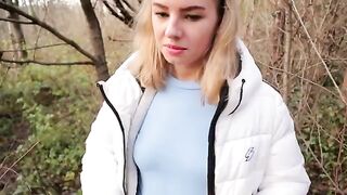 Petite teen Ava Monn almost gets caught while giving a blowjob in the forest