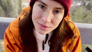 A blowjob from a stranger in the mountain cableway, ending with cum in mouth