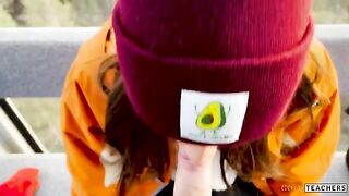 A blowjob from a stranger in the mountain cableway, ending with cum in mouth