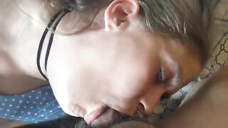 A man made cumshot in the mouth of his girlfriend with uncut cock