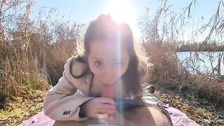 Petite woman Mini Julia has sex with a stranger outdoors near the lake