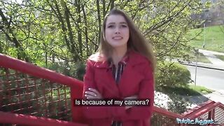 Nervous brunette babe gets fucked through a gloryhole for cash in Public Agent scene